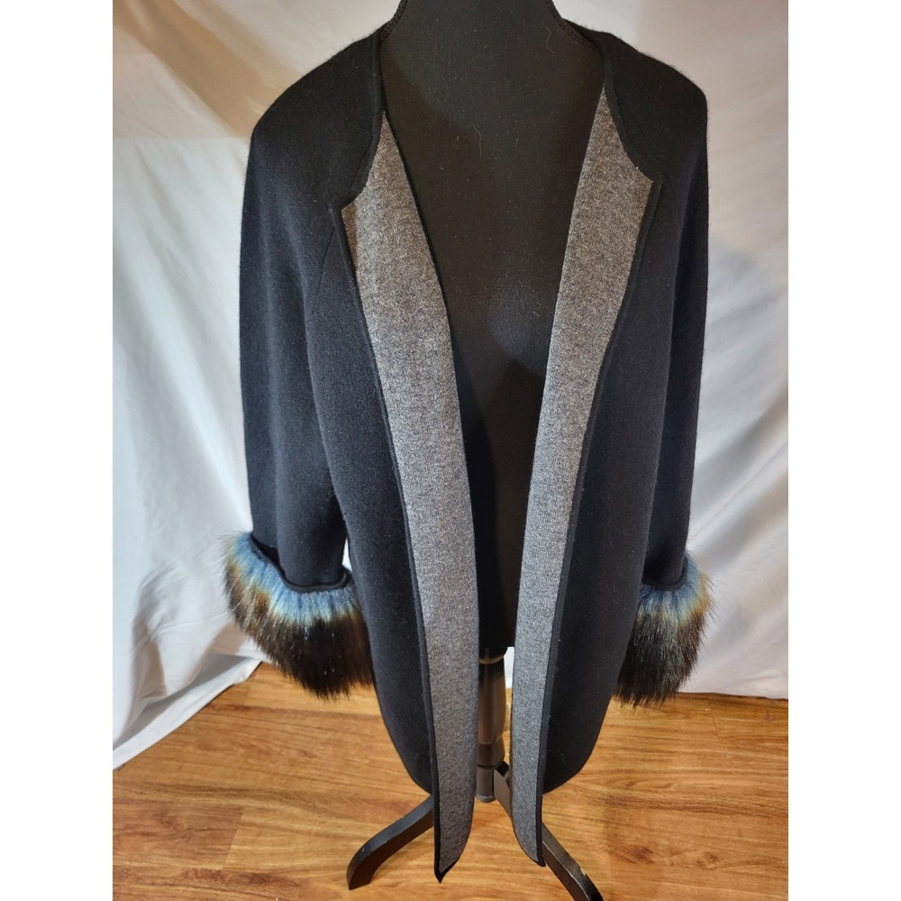 J.Mclaughlin XL Black & Gray Open Front Wool Cashmere Cardigan Removable‎ Cuffs